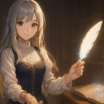 ミリアが羽ペンを差し出し、REIに記録の契約を促す幻想図書館の一幕