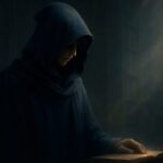 フードを深く被った若い男性が、夕刻の魔導書庫に静かに立つ横長アイキャッチ。顔は影に沈み、ローブの輪郭と淡い粒子が、賢者のような静かな存在感を生み出している。 A young hooded man stands quietly in a twilight magical library. His face is hidden in shadow, with the robe’s silhouette and drifting particles creating a calm, mysterious scholar presence.