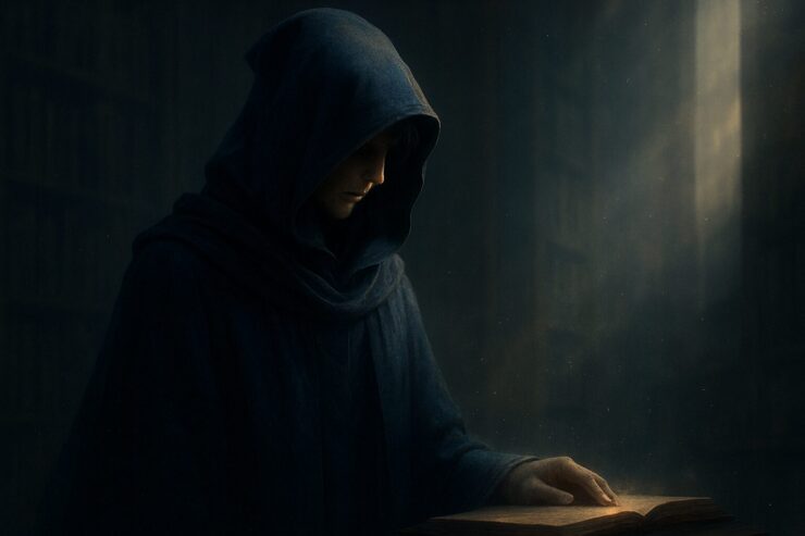 フードを深く被った若い男性が、夕刻の魔導書庫に静かに立つ横長アイキャッチ。顔は影に沈み、ローブの輪郭と淡い粒子が、賢者のような静かな存在感を生み出している。 A young hooded man stands quietly in a twilight magical library. His face is hidden in shadow, with the robe’s silhouette and drifting particles creating a calm, mysterious scholar presence.