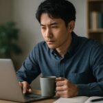 仕事のストレスと向き合いながら夜のオフィスでノートPC画面を見つめる若い男性会社員 落ち着いた表情で頑張っている様子が伝わる横長の写真, young East Asian office worker staying late at the office and focusing on his laptop while calmly handling job stress in a wide horizontal photo