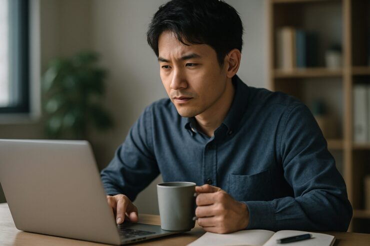 仕事のストレスと向き合いながら夜のオフィスでノートPC画面を見つめる若い男性会社員 落ち着いた表情で頑張っている様子が伝わる横長の写真, young East Asian office worker staying late at the office and focusing on his laptop while calmly handling job stress in a wide horizontal photo