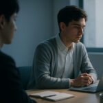 静かなオフィスで、机に向かって集中して働く優秀な先輩を、少し後ろの席から見つめている若いビジネスパーソンの姿。朝の光が差し込み、丁寧な仕事姿勢が伝わる情景。 A young professional observes a highly capable senior colleague working with calm concentration at a desk in a softly lit office. The scene conveys focus, discipline, and quiet respect.