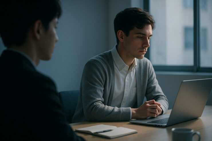 静かなオフィスで、机に向かって集中して働く優秀な先輩を、少し後ろの席から見つめている若いビジネスパーソンの姿。朝の光が差し込み、丁寧な仕事姿勢が伝わる情景。 A young professional observes a highly capable senior colleague working with calm concentration at a desk in a softly lit office. The scene conveys focus, discipline, and quiet respect.
