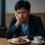 渋い表情でランチに向かうビジネスパーソンの男性が、仕事で評価されない理由を考えているシーンを写した写真。記事「仕事で評価されない人の特徴と改善ステップ」の理解を助けるための象徴イメージ。A young businessperson with a serious expression walking to lunch, reflecting on why he is not valued at work. Symbolic image supporting the article Understanding why some people are not recognized at work and how to improve.