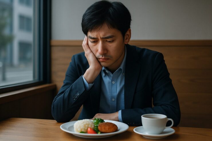 渋い表情でランチに向かうビジネスパーソンの男性が、仕事で評価されない理由を考えているシーンを写した写真。記事「仕事で評価されない人の特徴と改善ステップ」の理解を助けるための象徴イメージ。A young businessperson with a serious expression walking to lunch, reflecting on why he is not valued at work. Symbolic image supporting the article Understanding why some people are not recognized at work and how to improve.