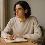 肩の力が抜けた表情でノートにアイデアを書き込みながら、前へ進もうとする若いビジネスパーソンの横長イメージ。日々の成長を象徴する穏やかな光の中で、学びと変化の姿が伝わる構図。 A wide horizontal image of a young professional writing ideas in a notebook, symbolizing personal growth and daily improvement. Gentle natural light conveys a calm, forward-moving mindset.