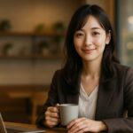 笑顔で相手の話を聞きながら柔らかく身を乗り出す人たらしな女性の横長アイキャッチ画像 人間関係やコミュニケーションの記事向け A warm friendly woman leaning forward and listening at a cafe table creating a relaxed open atmosphere for others