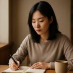 静かな光の中で机に向かう女性の横顔。小さな不安を抱えながらも、一歩を踏み出そうと考え込む姿が映っている。紙とペンの位置が、今日の選択を示すように見える。 A young woman sits in soft afternoon light, her gaze lowered toward a notebook as if pausing before a difficult choice. The scene captures a quiet moment of reflection and resolve.