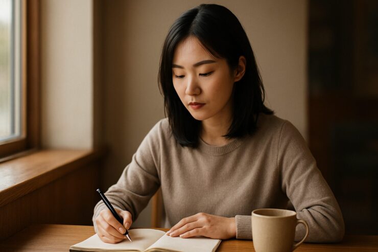 静かな光の中で机に向かう女性の横顔。小さな不安を抱えながらも、一歩を踏み出そうと考え込む姿が映っている。紙とペンの位置が、今日の選択を示すように見える。 A young woman sits in soft afternoon light, her gaze lowered toward a notebook as if pausing before a difficult choice. The scene captures a quiet moment of reflection and resolve.