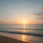 静かな海辺に柔らかな朝の光が差し込み 水面が薄い青で揺れる情景を捉えた構図。水平線に向けて開けた空が心を少し軽くし 思考を整える余白をつくる。 A calm seascape at sunrise with soft light touching the rippling water and an open sky that creates space for quiet reflection.