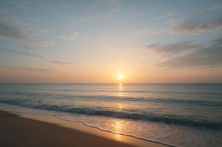 静かな海辺に柔らかな朝の光が差し込み 水面が薄い青で揺れる情景を捉えた構図。水平線に向けて開けた空が心を少し軽くし 思考を整える余白をつくる。 A calm seascape at sunrise with soft light touching the rippling water and an open sky that creates space for quiet reflection.