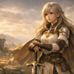 夕暮れの遺跡に立つ勇者ミリア。剣に手を添え、静かな決意の表情で前方を見つめる。逃げることも戻ることも知る、レジリエンスを象徴するファンタジーイラスト。 Miria, a calm heroic warrior, stands among ancient ruins at sunset, hands resting on her sword. Her quiet, resolute gaze symbolizes resilience, retreat, and the strength to return.