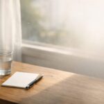 薄い朝の光が窓辺から差し、机の上にメモとコップの水が静かに置かれている横長の一枚。まだ始まっていない一日を、そっと戻すような余白。 A wide morning scene by the window, with a small memo and a glass of water on the desk, lit by pale dawn light, holding a quiet sense of reset.