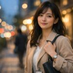 退勤後の帰路につくオフィス街で、夕暮れの街灯に照らされながら静かに歩くOL美人の横長ポートレート A horizontal portrait of an elegant office worker walking home after work through a city business district in the early evening, softly lit by streetlights