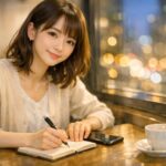 夜のカフェの窓辺で、ノートにペンを走らせる女性。机にはスマホとコーヒーカップ、窓の外は街の灯りが柔らかく滲み、静かに考えを整理する空気が漂う。A young woman writes in a notebook by a café window at night, with a phone and coffee on the table and city lights glowing in soft bokeh.